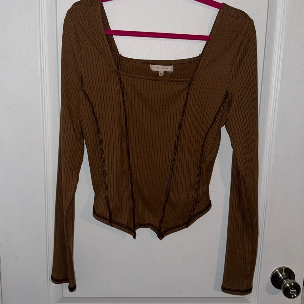 Gilded Intent Tan Ribbed Long Sleeve Blouse